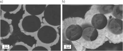 Figure 5. Carbon fibres with TiB2 coating after (a) 2h and (b) 4h CVD coating time.