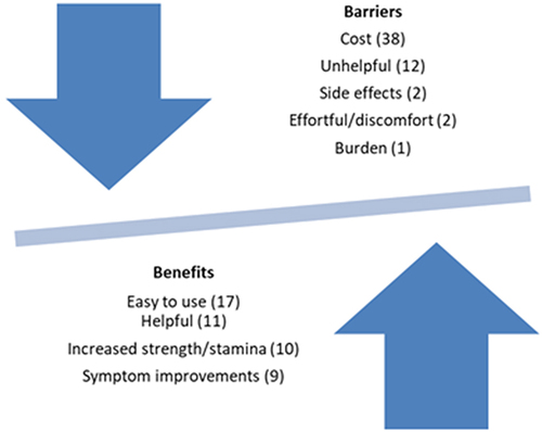 Figure 2 Codes associated with benefits and barriers and the frequency of use (n).