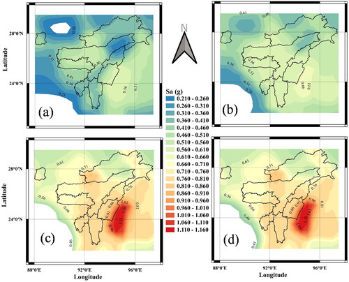 Figure 13. Spatial variation in PGA for 2% probability in 50 years for SC A. (a) 5th percentile (b) 16th percentile (c) 84th percentile (d) 95th percentile.