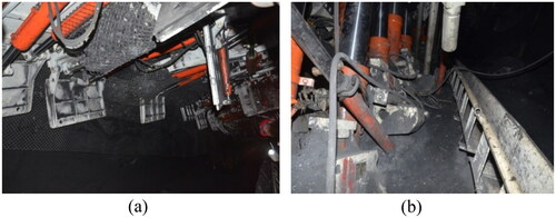 Figure 13. Hidden dangers of on-site disasters in fully mechanized top-coal caving face. a. Leakage between support. b. Support falling.