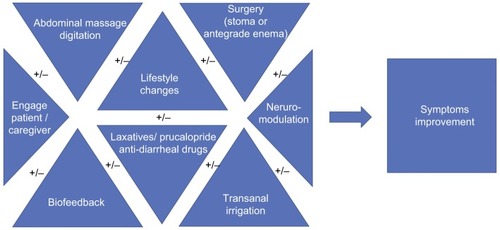 Figure 4 This diagram shows how important it is to tailor treatment, sometimes using a combination of interventions. A stepwise approach is recommended; however, it is paramount to engage patient and caregiver, to understand their preferences and adjust treatment accordingly.