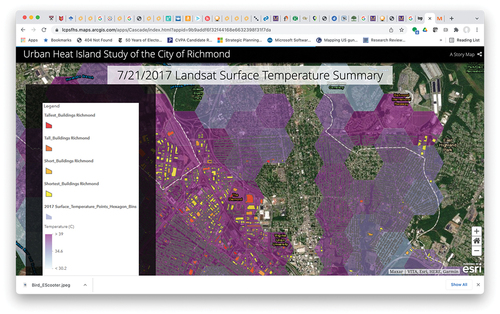 Figure 5. Example student project. This is a screenshot from a StoryMap focusing on urban heat islands in the city of Richmond, Virginia. https://lcpsfhs.maps.arcgis.com/apps/Cascade/index.html?appid=9b9addf6f32f44168e6632398f31f7da, accessed on 15 March 2022.