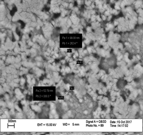 Figure 3. SEM image of UF nanocapsule containing Eucalyptus extract core [F2: 45 g Urea + 90 ml formaldehyde solution + 200 ml distilled water + 20% (v/v) Palm oil + 10% (v/v) Polysorbate 20 and stirring rate: 600 rpm].