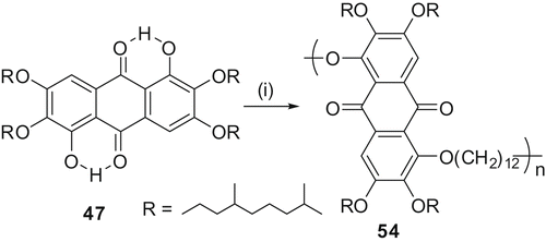 Scheme 12. Synthesis of rufigallol-based main chain polymers; (i) 1,12-dibromododecane/ Cs2CO3/ o-dichlorobenzene/90°C/ 10 days.