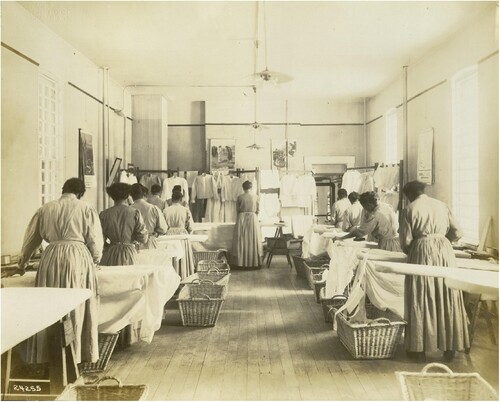 Indiana Women’s Prison, 1873. This was the first prison specifically for adult women. The image shows a room of women of African descent tending to clothing, and was sourced from the University of Warwick Modern Records Centre.
