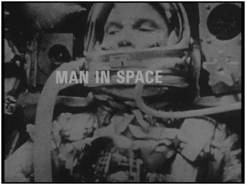 Figure 5. Opening title of the Horizon program, ‘Man in Space’, broadcast on 8 May 1966. The image is taken from the NASA film Friendship 7, and shows astronaut John Glenn strapped in the Mercury spacecraft during take-off© British Broadcasting Corporation