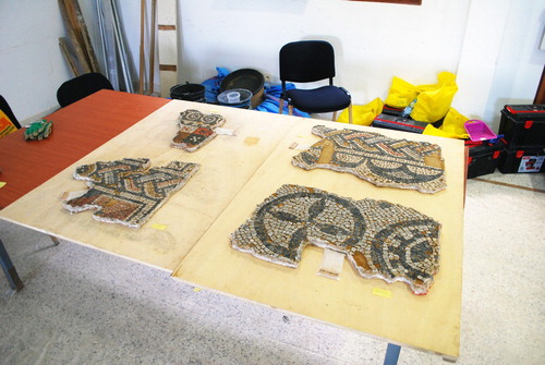 Figure 3. Mosaic fragments prepared for long-term storage after backing with lime mortar.