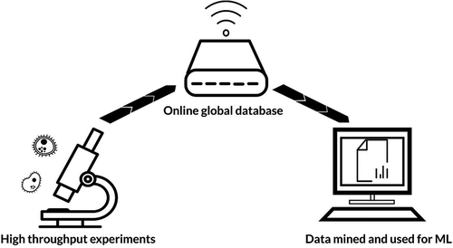Figure 1. Flow of information for machine learning (ML). Vast quantities of experimental data are uploaded to online globally accessible databases. These data can then be mined and used by ML algorithms