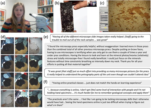 Figure 6. Petrology and petrography teaching. (a) At Monash University and at The University of Melbourne, staff took home a microscope with camera attached, which enabled live demonstration of the properties of minerals down a microscope during classes; (b) Staff used high-resolution document cameras to demonstrate minerals and textures in rocks. At Monash University, students were posted the rock samples so they could use the videos to find the features in their own samples; (c) Image of the camera feed from the microscope during a synchronous online practical session; (d) Example of thin section images provided to students: for each field of view the stage was rotated through 90° with an image taken every 10° in plane polarized light and in cross-polarized light, producing 20 images. Here all photomicrographs are in cross-polarized light except the first and last, which are in plane-polarized light; (e) Representative positive student feedback from petrography classes; (f) Representative negative student feedback from petrography classes.