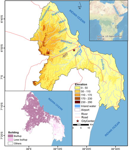 Figure 1. Study area map. The boundary of Dar es Salaam is delineated from OpenStreetMap. The data of the built up areas is found from GitHub (Dooley et al. Citation2020).