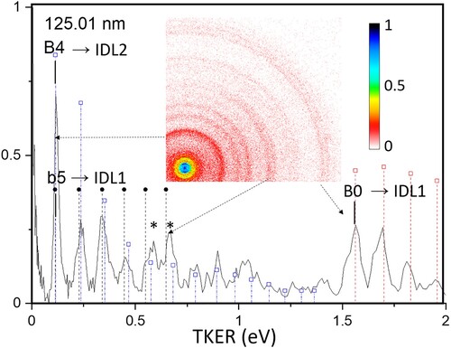 Figure 5. Low energy region of the raw FEL-only image and TKER curve at 125.01 nm using a linear colour scale. The symbols on the vertical striped lines represent dissociation of the B-state (open squares) and b-state (filled circles). Peaks marked by and asterisk (*) indicate possible excited atom (EA) states with a perpendicular angular distribution.