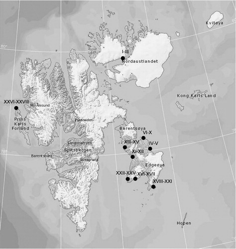 Fig. 1 Map of Svalbard with sampling sites (map from Norwegian Polar Institute).