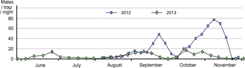 Fig. 2. Pheromone-trap monitoring of male moths of the apple leafminer, L. prunifoliella, in apple orchards in Morioka.Note: The monitoring in 2012 was started in early August using three traps baited with (10S,14S)-1 (1.0 mg/septum). The captured males were counted every five days. The monitoring in 2013 was started in mid-April using the same two traps until September and one trap in October and November. The males were counted weekly. Each lure was renewed every month.