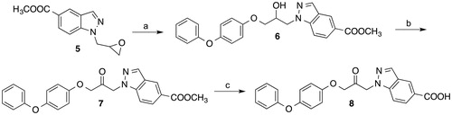 Scheme 1. Reagents and conditions: (a) 4-Phenoxyphenol, 4-(dimethylamino)pyridine, 120 °C, 45 min; (b) Dess-Martin periodinane, CH2Cl2, room temp., 2.5 h; (c) 10% aqueous KOH, ethanol, room temp., 14 h.