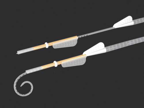 Figure 2. MRA electrode (version 6) loaded in sheath (top), and pre-curved, prior to loading, or after insertion prior to removal of sheath (bottom).