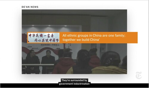 Figure 2. Screengrab 2: According to the Times, this footage from Chinese State Television shows Uighurs, a Muslim ethnic minority, unwillingly participating in assimilation programs. An example of what the Times calls “government indoctrination” is discovered and highlighted in the footage. © 2020 THE NEW YORK TIMES COMPANY.