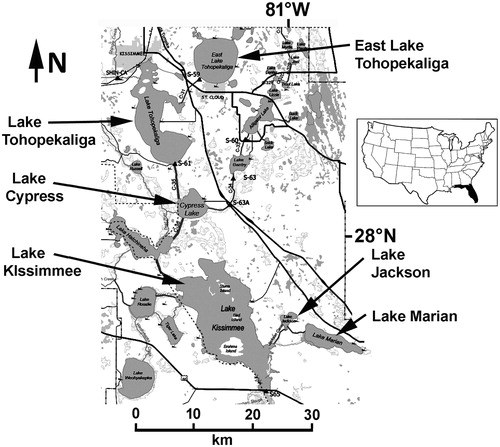 Figure 1. Location of the 6 study lakes in the Upper Kissimmee Basin. Modified from a map prepared by Kissimmee Division, Ecosystem Restoration Department, South Florida Water Management District (Citation2005).