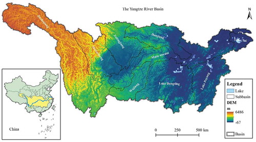 Figure 1. Location and main subbasins in the Yangtze River basin.