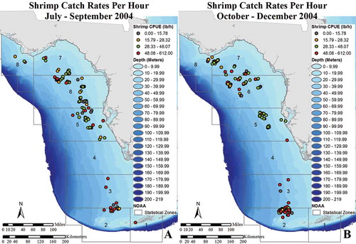 FIGURE 7. Seasonal maps depicting fishing locations with low to high CPUEs (lb/h) of pink shrimp represented by different colored dots in (A) July–September 2004 and (B) October–December 2004.