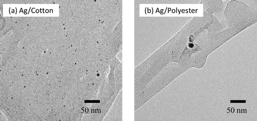 Figure 1. TEM images of Ag nanoparticles on support textile fabrics of (a) cotton and (b) polyester. The Ag nanoparticles were synthesized using an Ag concentration of 2.0 mM.