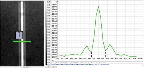 Figure 13. Blackbody temperature profile (250°C) imaged through a 20 µm wide slit using the R9 extension ring configuration (132.7 mm);dashed vertical lines were used for diffraction pattern width measurement.