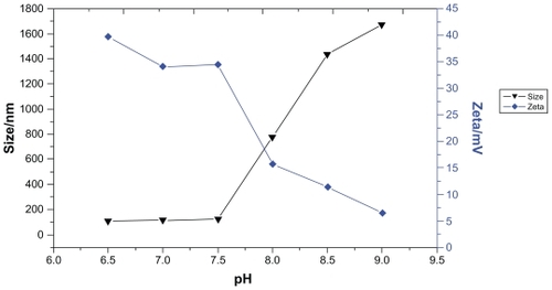 Figure 2 Effects of pH on size and zeta potential of PEI/ASON complexes.Abbreviations: PEI, polyethylenimine; ASON, antisense oligonucleotide.