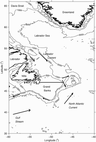 Fig. 1 Map of the area over which the composite currents were calculated. The Flemish Cap transect is shown with a thick line. Major currents are also shown schematically. Abbreviations are Nfld. = Newfoundland and FC = Flemish Cap. The depth contours are for the 200, 1000 and 3000 m depths.
