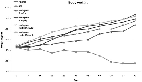 Figure 1. The body weight changes of different groups of rats during the experimental period are shown. The untreated diabetic rats lost weight compared with control groups. Administration of naringenin to diabetic (groups III and IV) rats resulted in an increase in body weight compared to diabetic rats (group II).