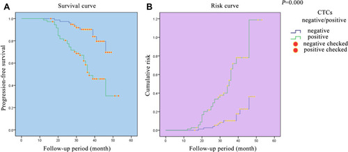 Figure 2 Progression-free survival curve and risk curve of colorectal patients. (A) Progression-free survival curve of colorectal patients. (B) Risk curve of colorectal patients.
