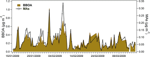 FIG. 2 Mass concentration of BBOA time series averaged into MAs filter sampling time (MAs presented previously in Saarnio et al. [Citation2012]).