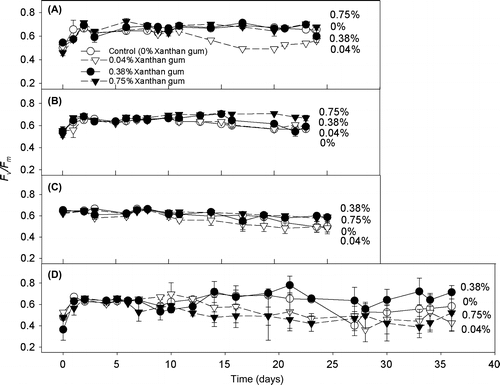 Figure 3. Dark-adapted Fv/Fm of C. closterium cells grown at salinities (A) 35, (B) 50, (C) 70 and (D) 90 ppt and in medium containing xanthan gum concentrations of 0, 0.04, 0.38 and 0.75% (mean and SE, n = 3).