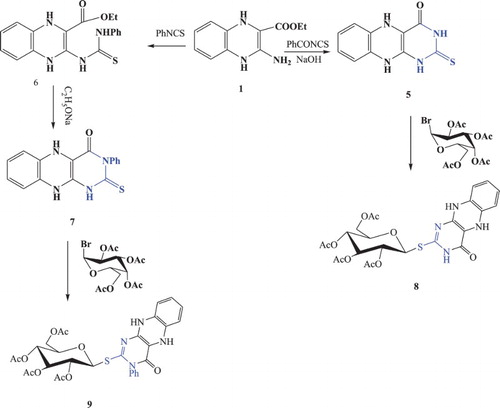 Scheme 2. Synthesis of O-acetyl-β-D-glucopyranosyl-thioxobenzo[g]pteridin-derivatives 8 and 9.
