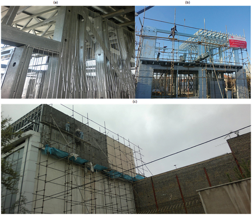 Figure 13. Panel (a) and (b): Screwing expanded metal lath on studs and runners. Panel (c): Covering white mortar cement on the metal lath.