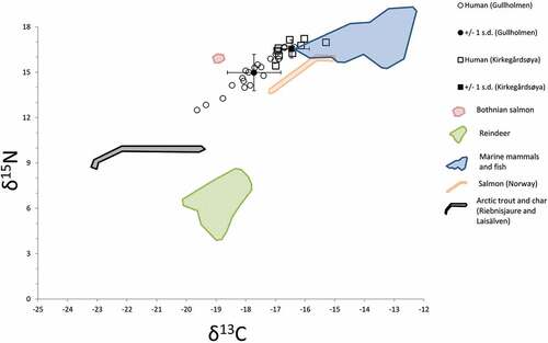 Fig. 4. Prediction of dietary intake for humans, based on the faunal data from Fig. 2 with a fractionation factor of +1‰ for δ13C and +3‰ for δ15N (DeNiro and Epstein Citation1978, Minagawa and Wada Citation1984, Schoeninger and DeNiro Citation1984).