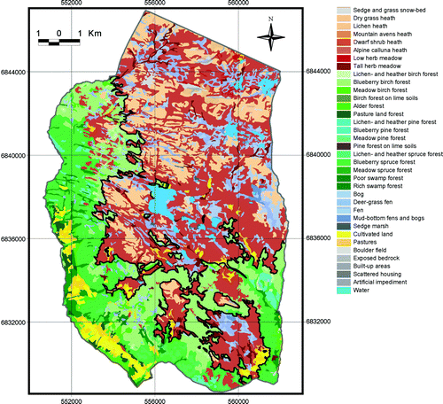 Fig. 6.  Vegetation map and the continuous upper forest limits (black line) in 1959. Map projection WGS84/UTM zone 32.