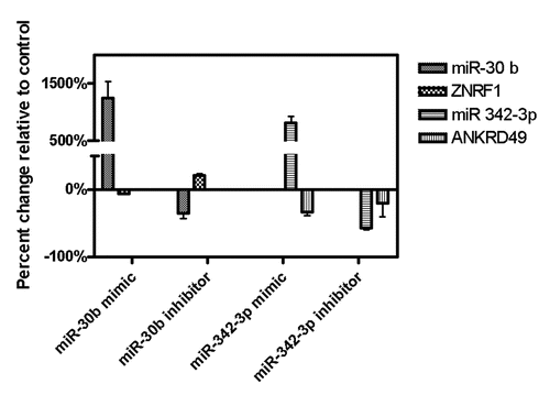 Figure 4 Effect of miRNA mimics and inhibitors on the expression of miRNAs and target genes. The x axis describes the type of experiment. The y axis illustrates the percent change in expression level when compared with scramble control in each experiment either for miRNAs or for target genes.