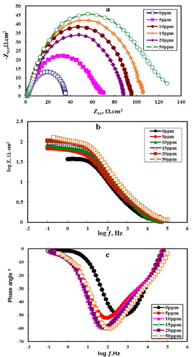 Figure 9. Nyquist plots (a), Bode plots (b) and Bode phase plots (c) for C-steel in 2.0 M HCl containing different concentrations of MA-amido surfactant.