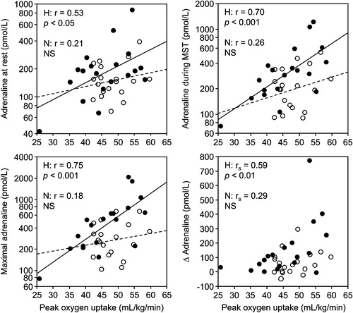Figure 1. Correlations between peak oxygen consumption and mean plasma adrenaline at rest (top left) and during mental stress test (MST) (top right), maximal level during MST (bottom left), and the response (bottom right). Filled circles and solid regression line: men with high (H) screening blood pressure; open circles and dashed regression line: men with normal (N) screening blood pressure. rs, Spearman's rank correlation coefficient. Correlations in H still significant after exclusion of the subject with the lowest peak oxygen consumption for mean (r = 0.59, p<0.05) and maximal (r = 0.66, p<0.01) adrenaline level during MST and for the response (rs = 0.57, p<0.05).
