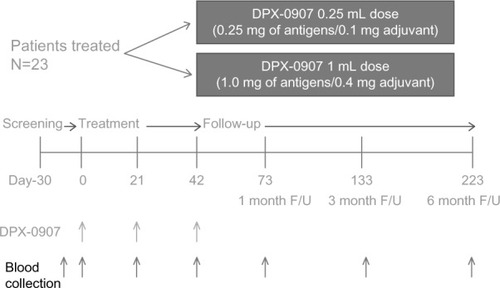 Figure 3 Outline of clinical protocol followed in DPX-0907 trial with details on the time-line for screening, treatment and follow-up of late-stage breast, ovarian, and prostate cancer patients. Blood collected at the indicated time points are used for immune monitoring, and the samples up to study day 73 are analyzed.