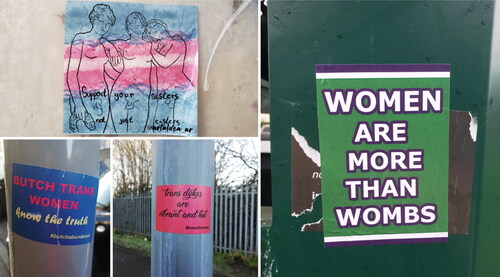 Figure 4. Stickers rejecting singularising narratives of trans identities and providing celebratory recognition of diversity amongst trans people (Photos by Hannah Awcock).