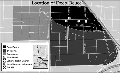 Figure 1. The location of Deep Deuce in Oklahoma City. Map by Adam A. Payne.