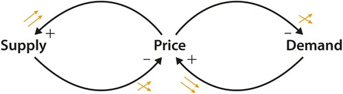 Figure 4. Causal loop diagram used in the study, illustrating pricing as a function of supply and demand, with red arrows illustrating how one variable changes when the other changes (i.e., same or different directions), such as demand increasing when price decreases (different directions) and price decreasing when demand decreases (same direction).