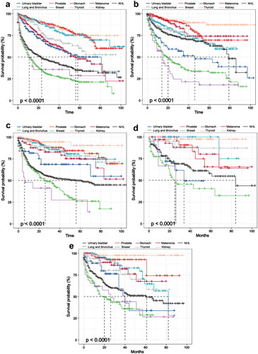 Figure 4. The survival of most common SPMs after specific lymphoma in SEER databases, 2010–2018. Kaplan–Meier survival curves for (a) CLL, (b) DLBCL, (c) FL, (d) HL and (e) MZL survivors with SPMs divided into two prognostic groups based on survival of the types of SPMs. Abbreviations: SPMs: second primary malignancies; SEER: Surveillance, Epidemiology, and End Results; OS: overall survival; HL: Hodgkin’s lymphoma; CLL: chronic lymphocytic leukemia; FL: follicular lymphoma; DLBCL: diffuse large B-cell lymphoma; MZL: marginal zone lymphoma.