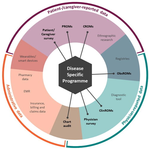 Figure 2. A map of the RWD source landscape and the placement of DSPs within it.ClinROM, clinical-reported outcome measure; CROM, caregiver-reported outcome measure; DSP, Disease Specific Programme; EMR, electronic medical record; ObsROM, observer-reported outcome measure; PROM, patient-reported outcome measure; RWD, real-world data