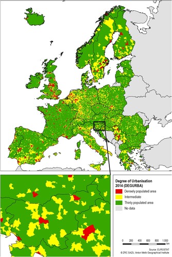 Figure 1. Urban (densely populated) and non-urban (intermediate and thinly populated) areas in the Degree of urbanisation of Europe and Slovenia (DEGURBA). Sources: EFGS, JRC, Eurostat, LandScan, REGIO-GIS.