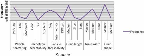 Figure 3. Categories and frequency of qualitative traits of rice genotypes.