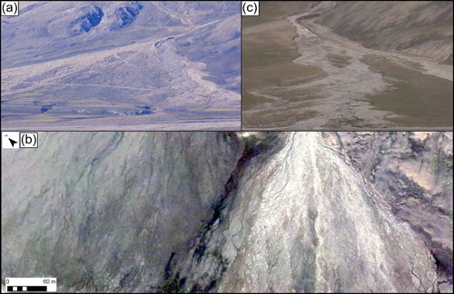 Figure 3. Examples of fluvial-flow-dominated fan surface morphology: (a) ground-based view of active and older inactive braided channels visible on the fan surface; (b) orthophoto of braided pattern of fluvial channels; (c) fluvial-flow-dominated fan with incised channel in the most proximal part and a network of active and older inactive braided channels in a more distal one. Note also that large part of this fan is vegetated.