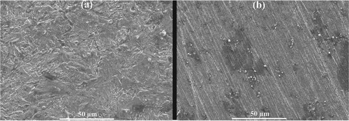 Figure 9. High magnification SEM results of steel surfaces after 24-hour immersion in 0.5 M HCl and 0.25 M H2SO4 without CI (a), and with CI at (b) 3000 ppm.