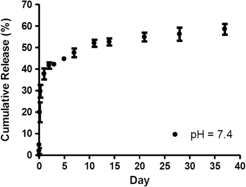Figure 4.  The release profile of methotrexate from methotrexate-pectin nanoparticle at pH 7.4, 37°C. Data represented mean ± SD. Values are representative of three experiments.
