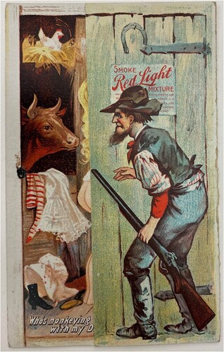 Figure 5. Closed “Day & Night” Tobacco advertising card, American. Jay T. Last Collection of Graphic Arts and Social History at the Huntington Library in San Marino, California. Binder: UNCATALOGUED Mechanical Kickers, etc.